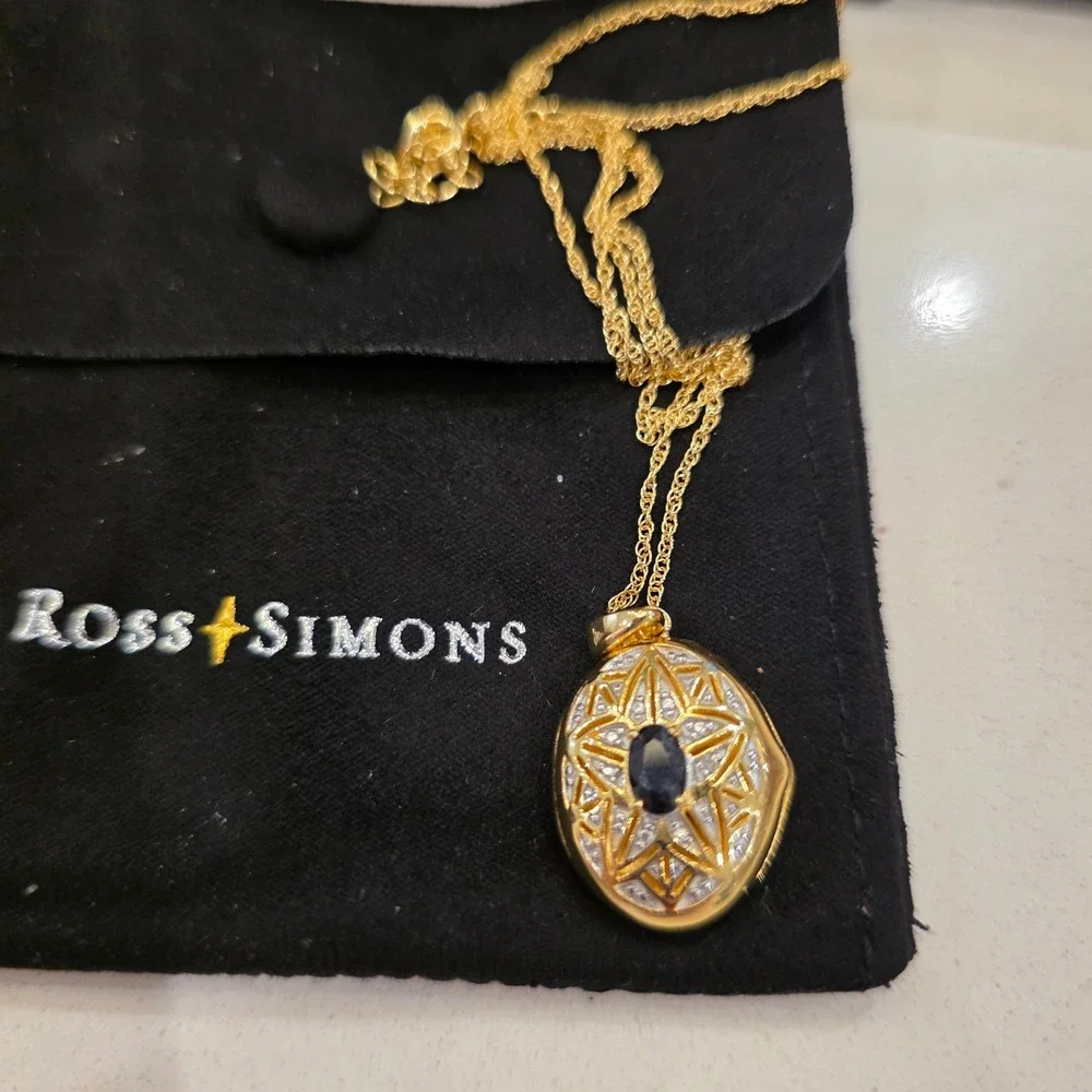 Ross-Simons .40Carat Sapphire Locket Necklace 1 Diamond, 18kt Gold Over Sterling - Picture 2 of 9